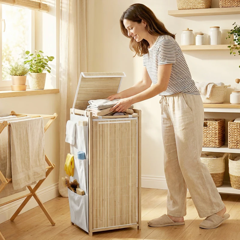 HOMCOM Bamboo Laundry Hamper with Removable Drawstring Bag and Side Storage Pockets, 19.8 Gal, Natural