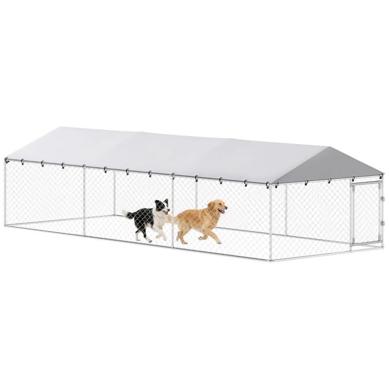 PawHut 20' x 7.5' x 5' Dog Kennel Outdoor for Large Dogs with Waterproof Roof, Silver