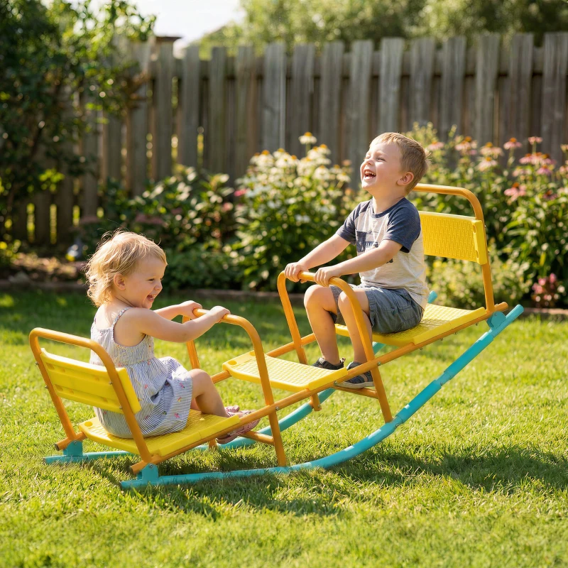 Qaba Teeter Totter Seesaw for Kids, 2 in 1 Metal Rocking Seesaw for Toddlers Age 3-8, Playground Equipment for Backyard