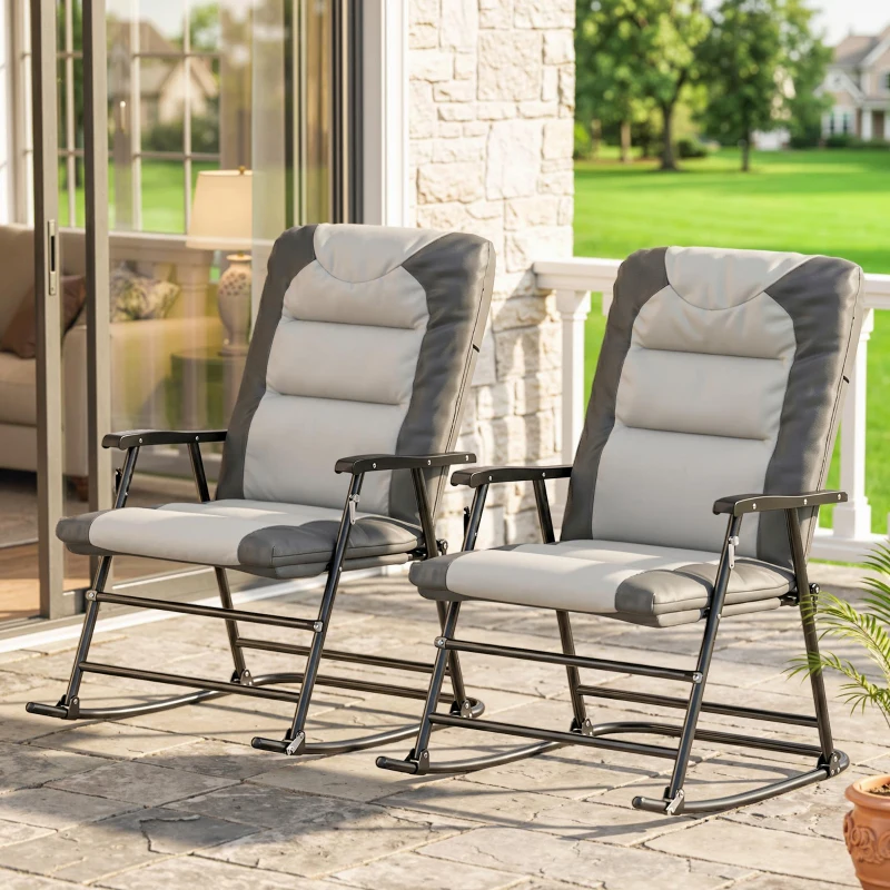 Outsunny Folding Rocking Chair Set of 2 Padded Rockers with Armrest, Light Grey