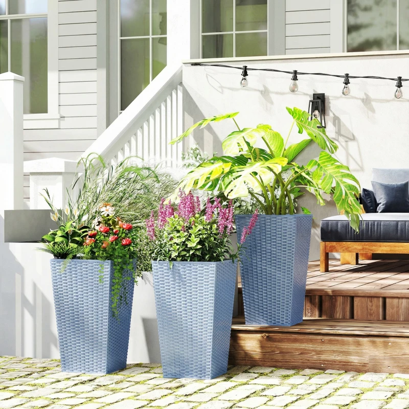 Outsunny Tall Planters for Outdoor Plants Set of 3, 24 In Taper Planters with Drainage Holes, Rattan Decor Plant Pots, Light Gray