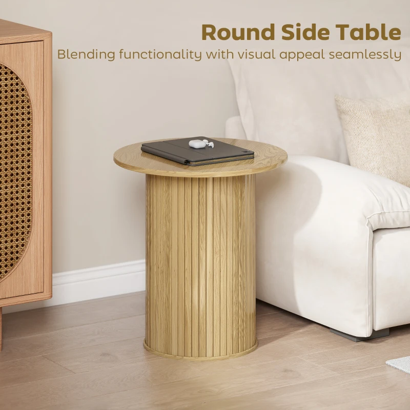 HOMCOM Round Side Table, Fluted Accent End Table, Narrow Nightstand for Small Spaces, Living Room, Oak