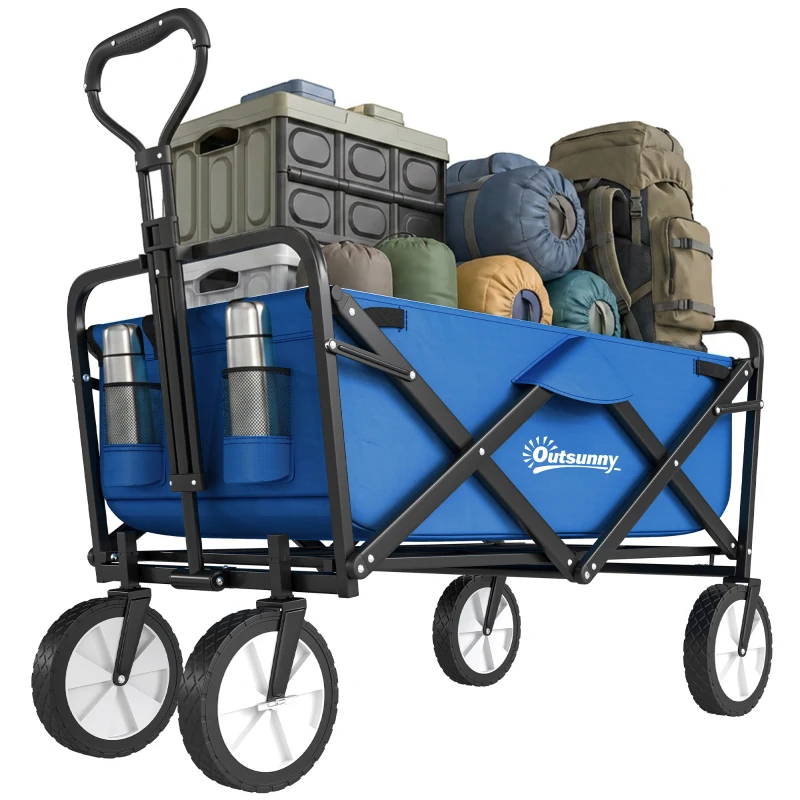 Outsunny Small Collapsible Folding Wagon Cart, Heavy Duty Outdoor Utility Garden Cart with Universal Wheels and Adjustable Handle for Camping Sports Shopping Beach, Dark Blue