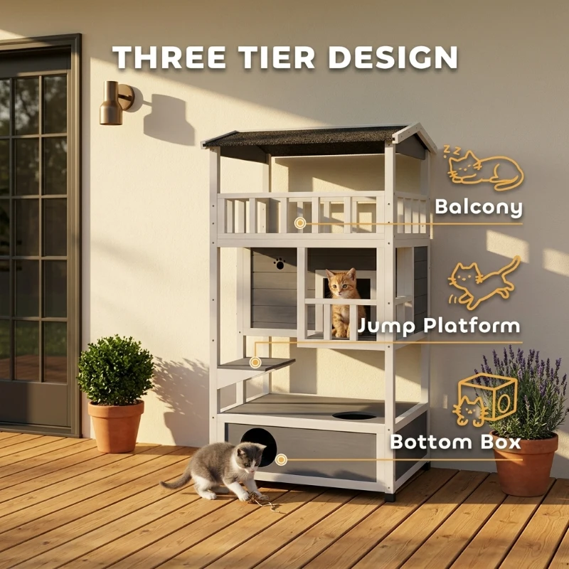 PawHut Wooden Outdoor Cat House, Feral Cat Shelter Kitten Condo with Asphalt Roof, Escape Doors, Condo, Jumping Platform, Gray