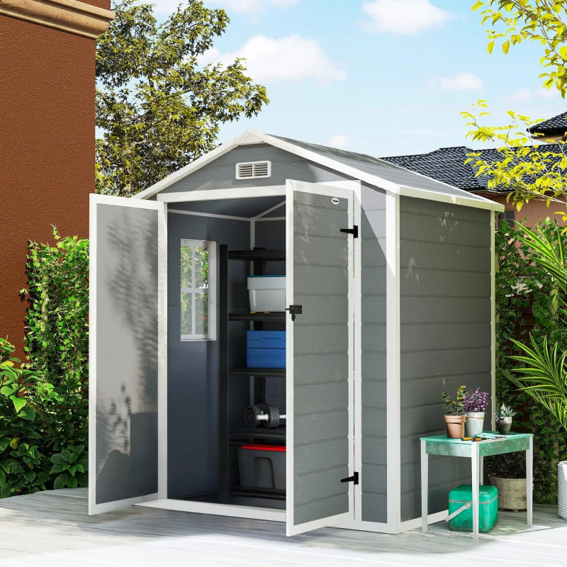 Outsunny 6x4.5FT Plastic Shed, Lockable Garden Tool Storage House with Double Doors and Vent, Grey
