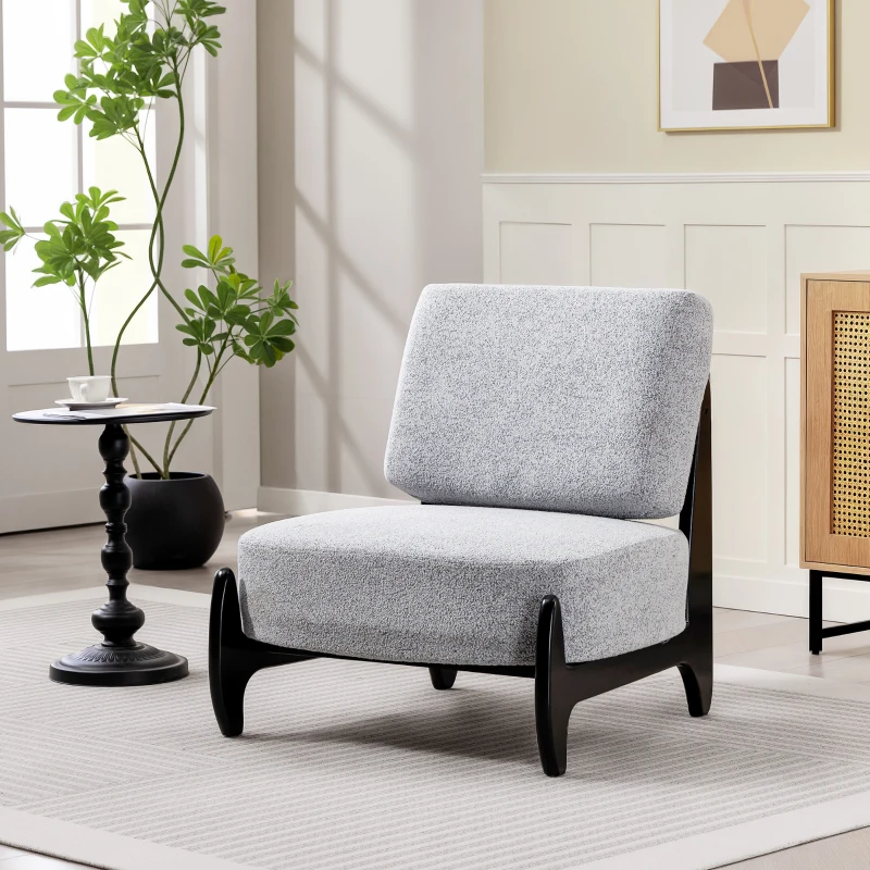 HOMCOM Accent Chair with Rubber Wood Frame, Wide Seat, Modern Chenille Bedroom Chair with Thick Cushion, Grey