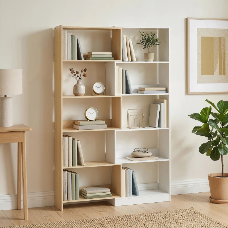 HOMCOM Corner Bookshelf, 5-Tier L-Shaped Bookcase with 350° Rotating Design, Two-Tone Design, Fruitwood/White