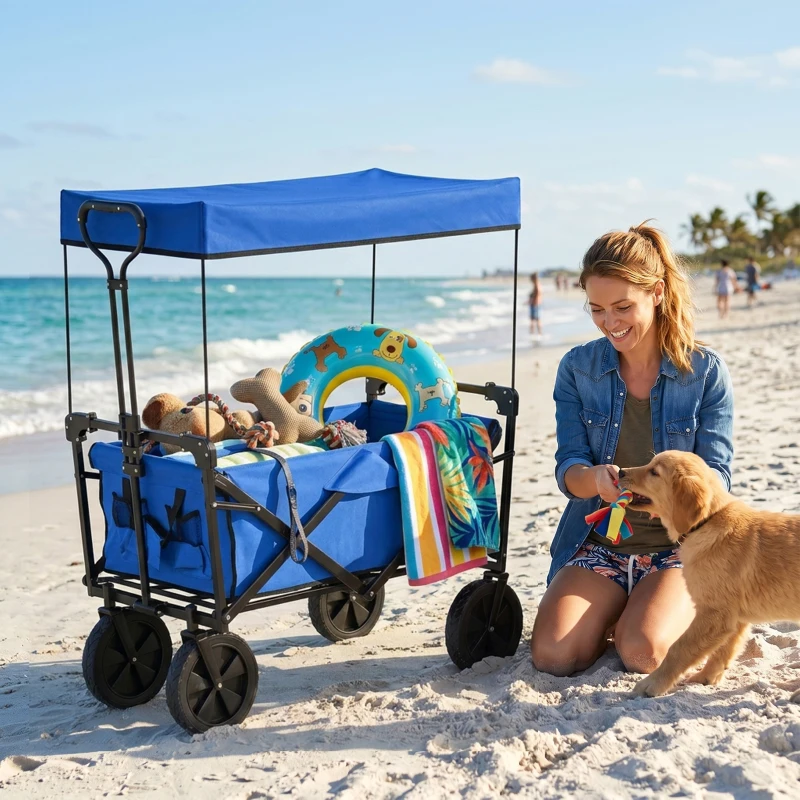 Outsunny Steel Frame Folding Garden Cart, Collapsible Wagon Cart with Removable Canopy, Telescopic Handle and Carrying Bag, Dark Blue