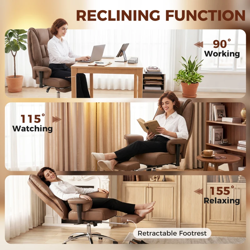 HOMCOM Ergonomic Office Chair, High Back Reclining Desk Chair with Adjustable Armrests, Pet Friendly Faux Leather, Brown