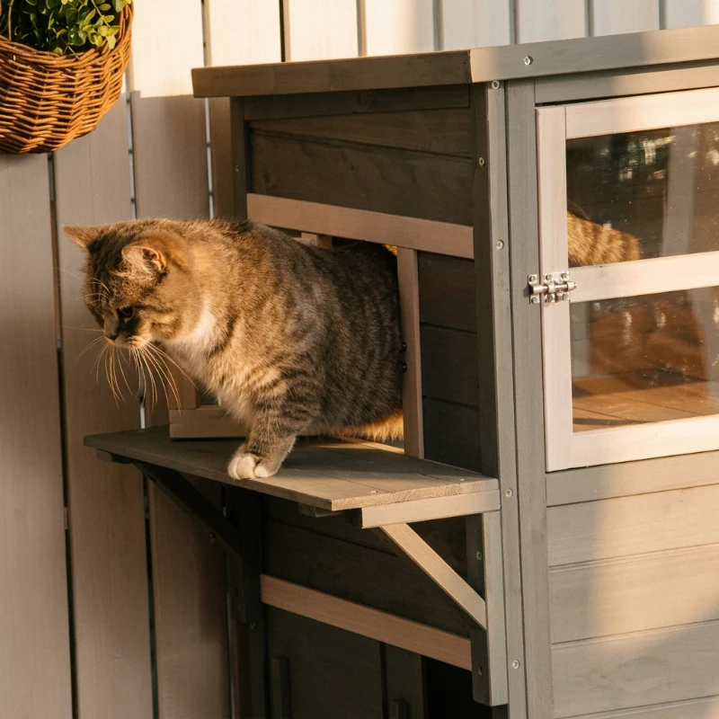 PawHut Outdoor Cat House, 3-Tier Kitty Shelter with 5 Escape Doors, Weather Resistant, Gray & White