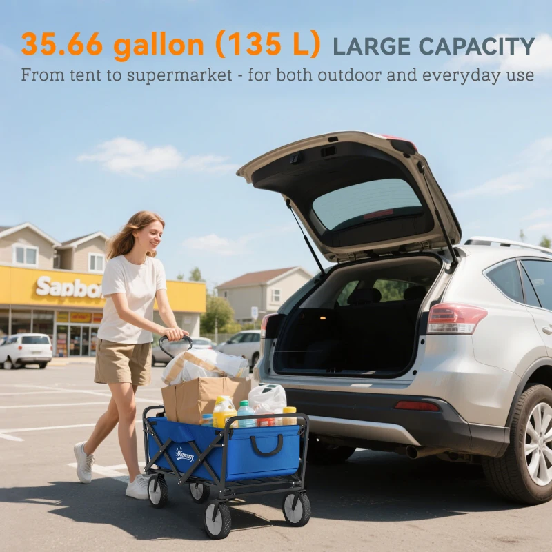 Outsunny Small Collapsible Folding Wagon Cart, Heavy Duty Outdoor Utility Garden Cart with Universal Wheels and Adjustable Handle for Camping Sports Shopping Beach, Dark Blue