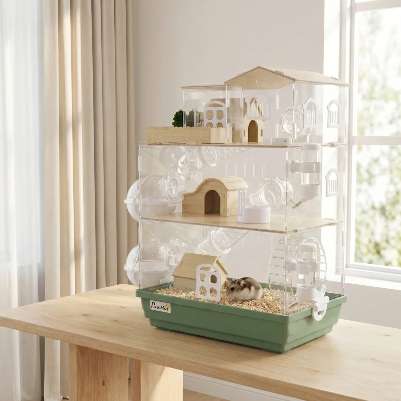 PawHut Large Hamster Cage, 3 Tiers Acrylic Hamster Habitat with Water Bottles, Running Wheel for Pet Mice, Dwarf Hamster