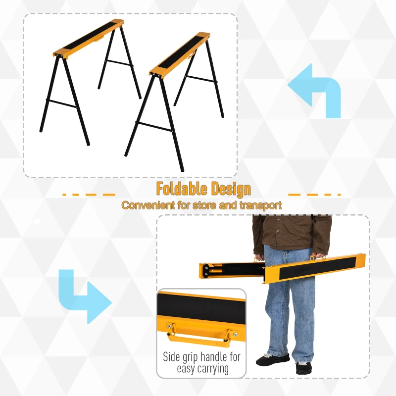 HOMCOM 2PCS Saw Horse Twin Pack Folding Workbench Metal Trestle Stands with Non-slip EVA Surface Orange