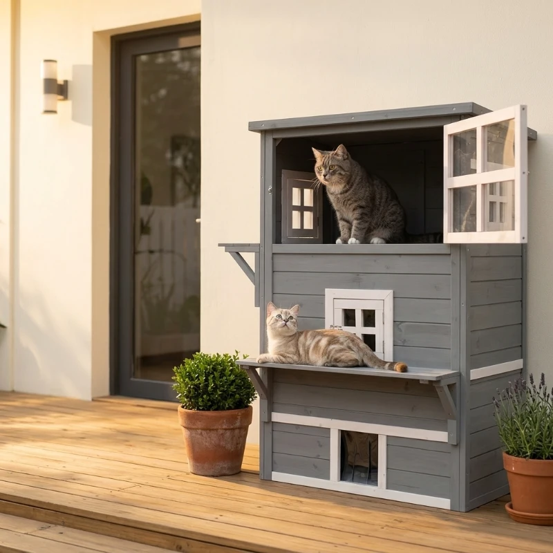 PawHut Outdoor Cat House, 3-Tier Kitty Shelter with 5 Escape Doors, Weather Resistant, Gray & White
