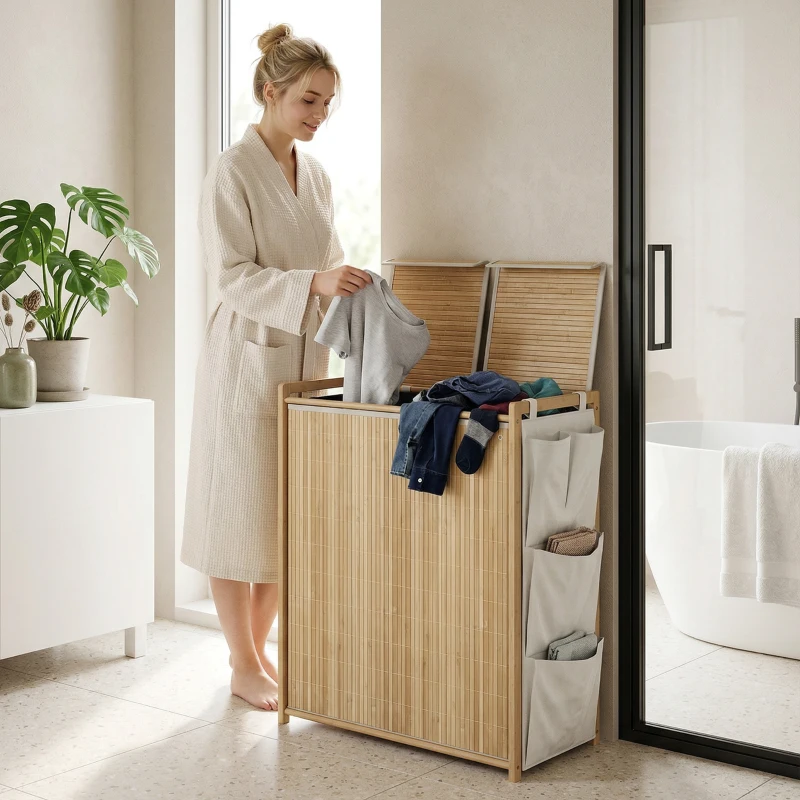 HOMCOM Bamboo Laundry Hamper with Removable Drawstring Bag and Side Storage Pockets, 32 Gal, Natural