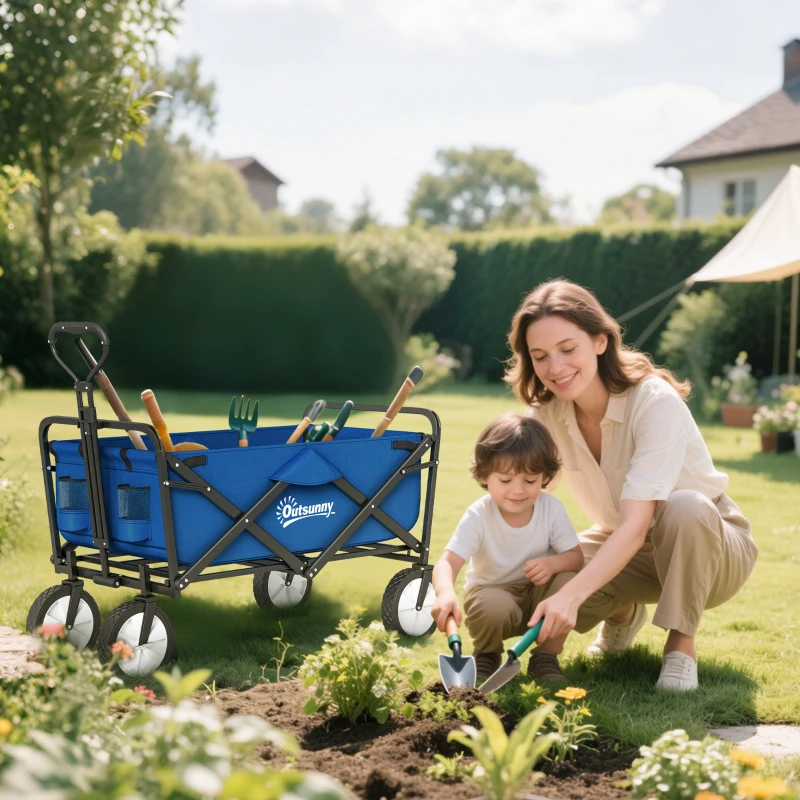 Outsunny Small Collapsible Folding Wagon Cart, Heavy Duty Outdoor Utility Garden Cart with Universal Wheels and Adjustable Handle for Camping Sports Shopping Beach, Dark Blue