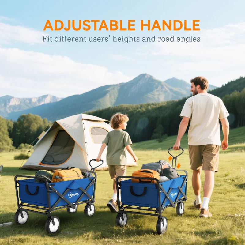 Outsunny Small Collapsible Folding Wagon Cart, Heavy Duty Outdoor Utility Garden Cart with Universal Wheels and Adjustable Handle for Camping Sports Shopping Beach, Dark Blue