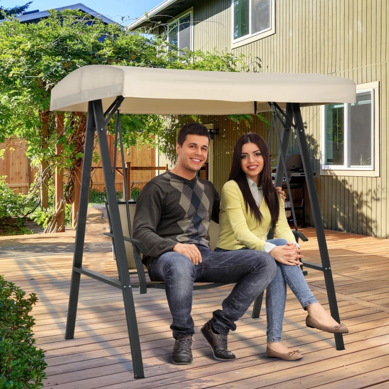 Outsunny 2-Person Patio Swings with Canopy, Outdoor Canopy Swing with Adjustable Shade, Breathable Mesh Seats and  Steel Frame for Garden, Poolside, Backyard, Beige