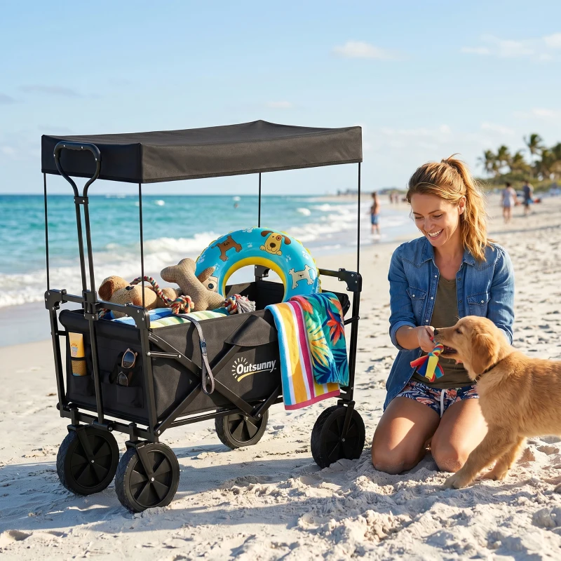 Outsunny Steel Frame Folding Garden Cart, Collapsible Wagon Cart with Removable Canopy, Telescopic Handle and Carrying Bag