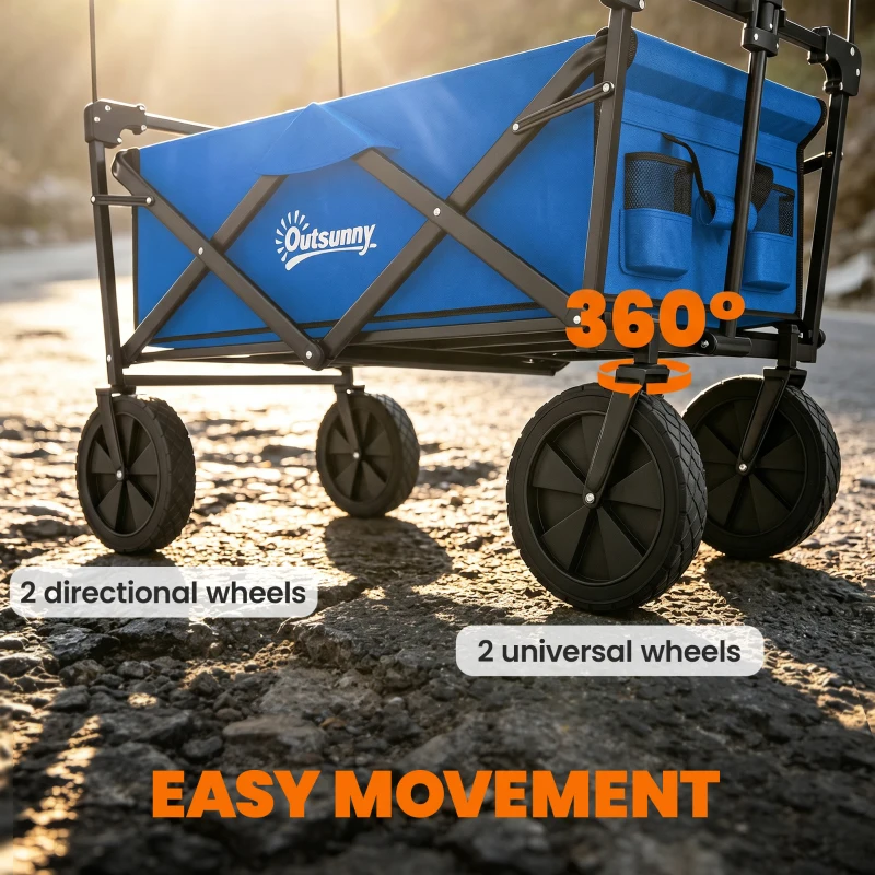 Outsunny Steel Frame Folding Garden Cart, Collapsible Wagon Cart with Removable Canopy, Telescopic Handle and Carrying Bag, Dark Blue