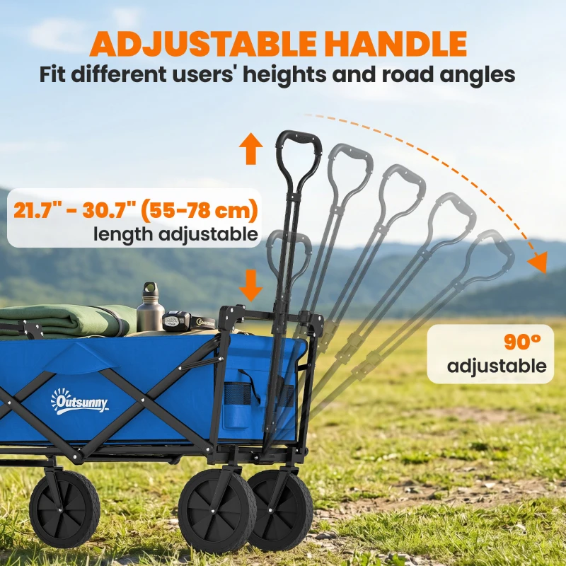 Outsunny Steel Frame Folding Garden Cart, Collapsible Wagon Cart with Removable Canopy, Telescopic Handle and Carrying Bag, Dark Blue