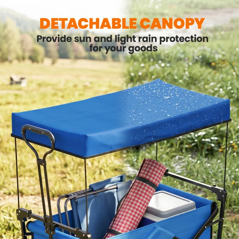 Outsunny Steel Frame Folding Garden Cart, Collapsible Wagon Cart with Removable Canopy, Telescopic Handle and Carrying Bag, Dark Blue