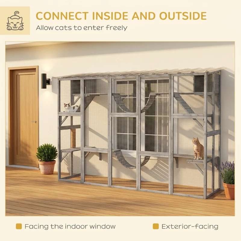 PawHut Catio Playground Cat Window Box Outside Enclosure for Multiple Cats w/ Shelves & Bridges, Gray