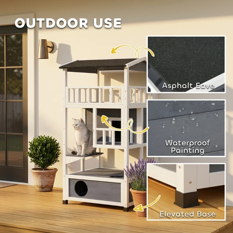 PawHut Wooden Outdoor Cat House, Feral Cat Shelter Kitten Condo with Asphalt Roof, Escape Doors, Condo, Jumping Platform, Gray