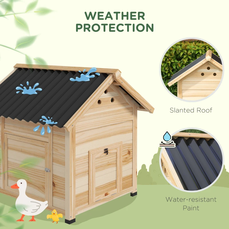 PawHut Duck Coop, Wooden Duck House with Openable Roof & Double Doors, Natural Wood