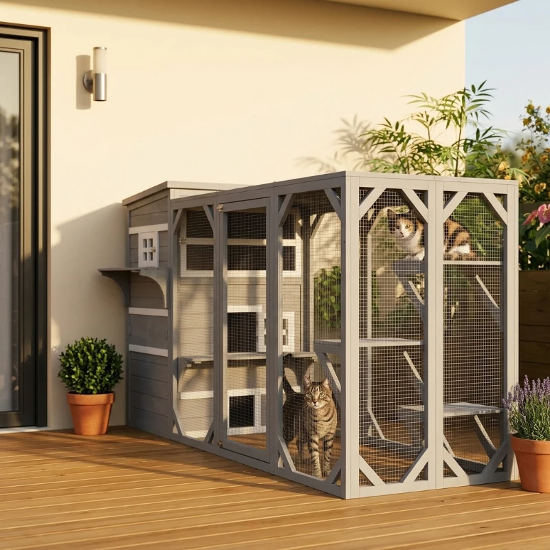 PawHut Outdoor Cat House, 3-Tier Kitty Shelter with 5 Escape Doors, Weather Resistant, Gray & White