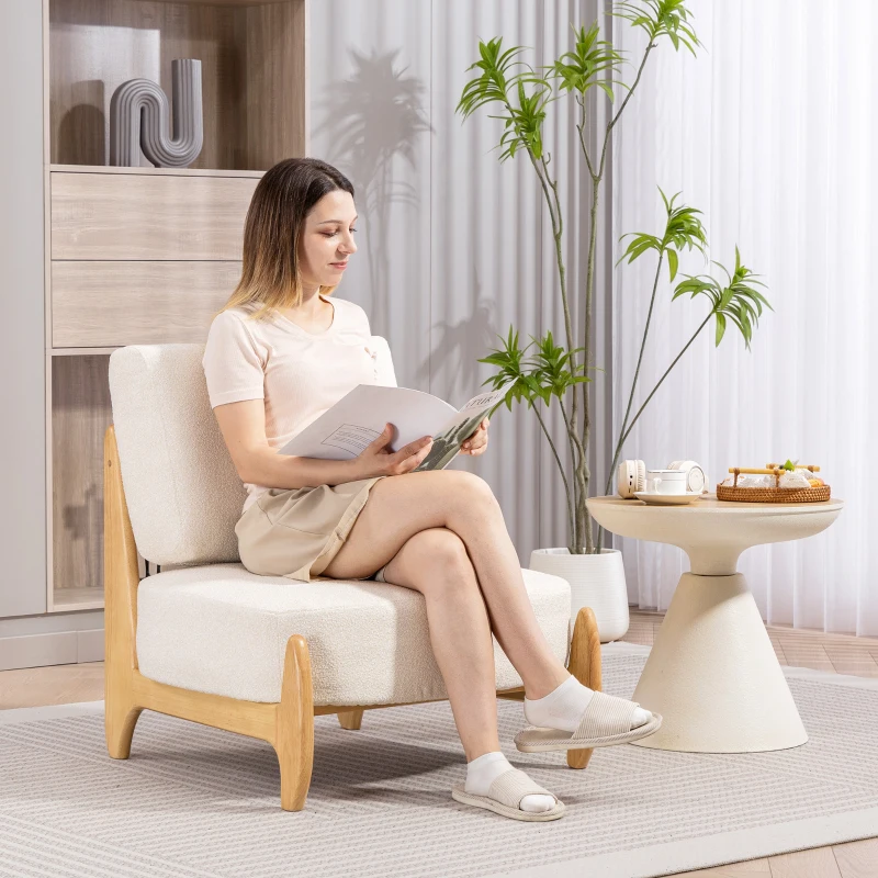 HOMCOM Accent Chair with Rubber Wood Frame, Wide Seat, Modern Chenille Bedroom Chair with Thick Cushion, Cream White