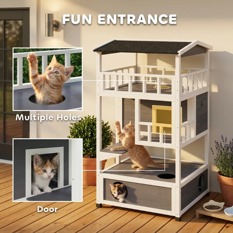 PawHut Wooden Outdoor Cat House, Feral Cat Shelter Kitten Condo with Asphalt Roof, Escape Doors, Condo, Jumping Platform, Gray