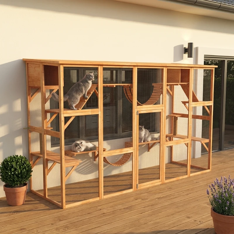 PawHut Large Catio with Multiple Shelves & Bridges, Catio with Ramps, Cat Window Box Enclosure for Outdoor Use, Orange