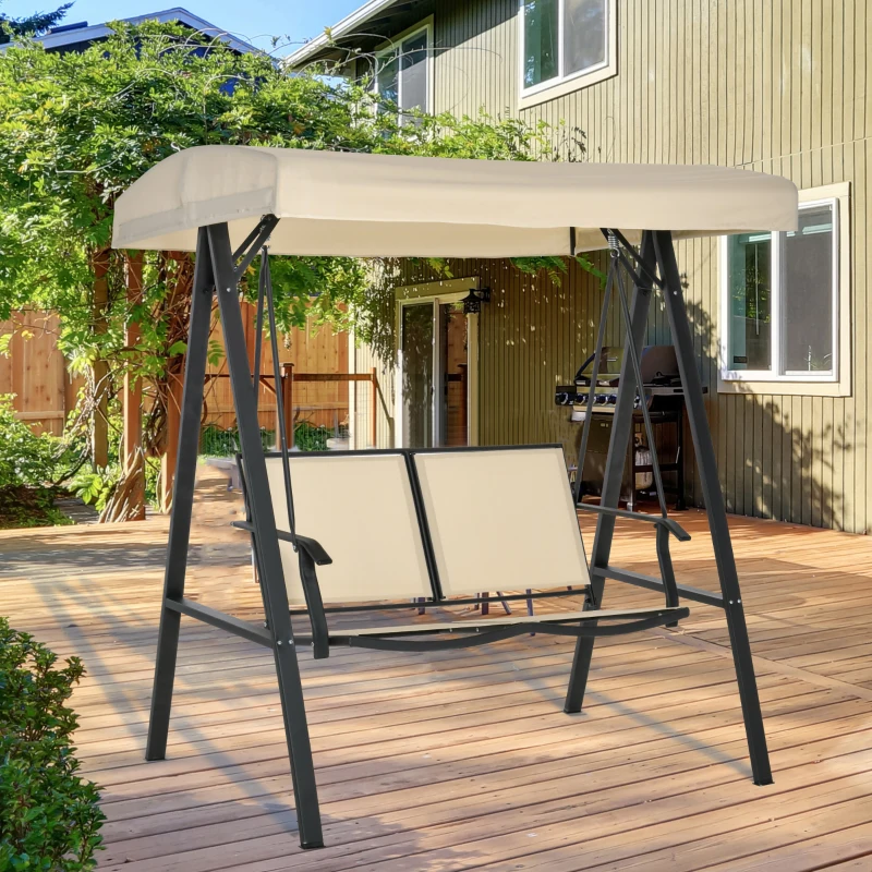 Outsunny 2-Person Patio Swings with Canopy, Outdoor Canopy Swing with Adjustable Shade, Breathable Mesh Seats and  Steel Frame for Garden, Poolside, Backyard, Beige