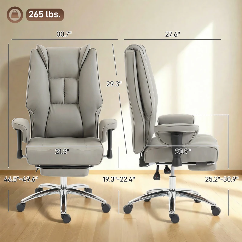 HOMCOM Ergonomic Office Chair, High Back Reclining Desk Chair with Adjustable Armrests, Pet Friendly Faux Leather, Light Gray