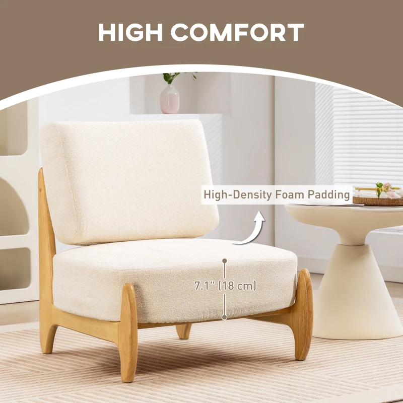 HOMCOM Accent Chair with Rubber Wood Frame, Wide Seat, Modern Chenille Bedroom Chair with Thick Cushion, Cream White