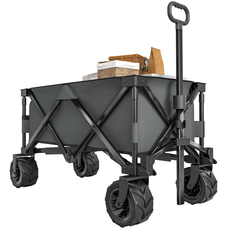 Outsunny Outdoor Pull Along Trailer Folding Camping Trailer for Beach Garden with Handle, Anti-Slip Wheel - Dark Grey