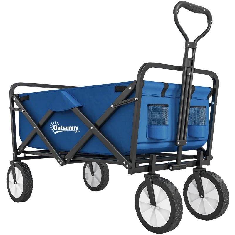 Outsunny Small Collapsible Folding Wagon Cart, Heavy Duty Outdoor Utility Garden Cart with Universal Wheels and Adjustable Handle for Camping Sports Shopping Beach, Dark Blue