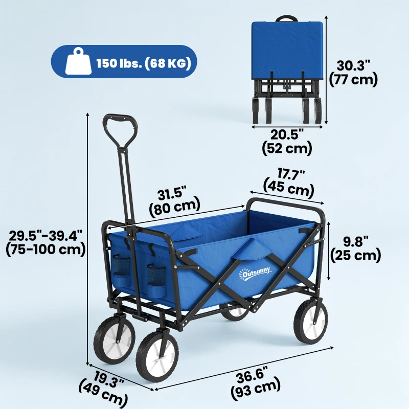 Outsunny Small Collapsible Folding Wagon Cart, Heavy Duty Outdoor Utility Garden Cart with Universal Wheels and Adjustable Handle for Camping Sports Shopping Beach, Dark Blue
