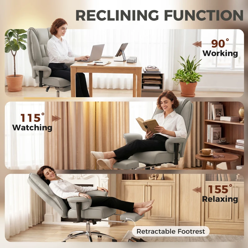 HOMCOM Ergonomic Office Chair, High Back Reclining Desk Chair with Adjustable Armrests, Pet Friendly Faux Leather, Light Gray