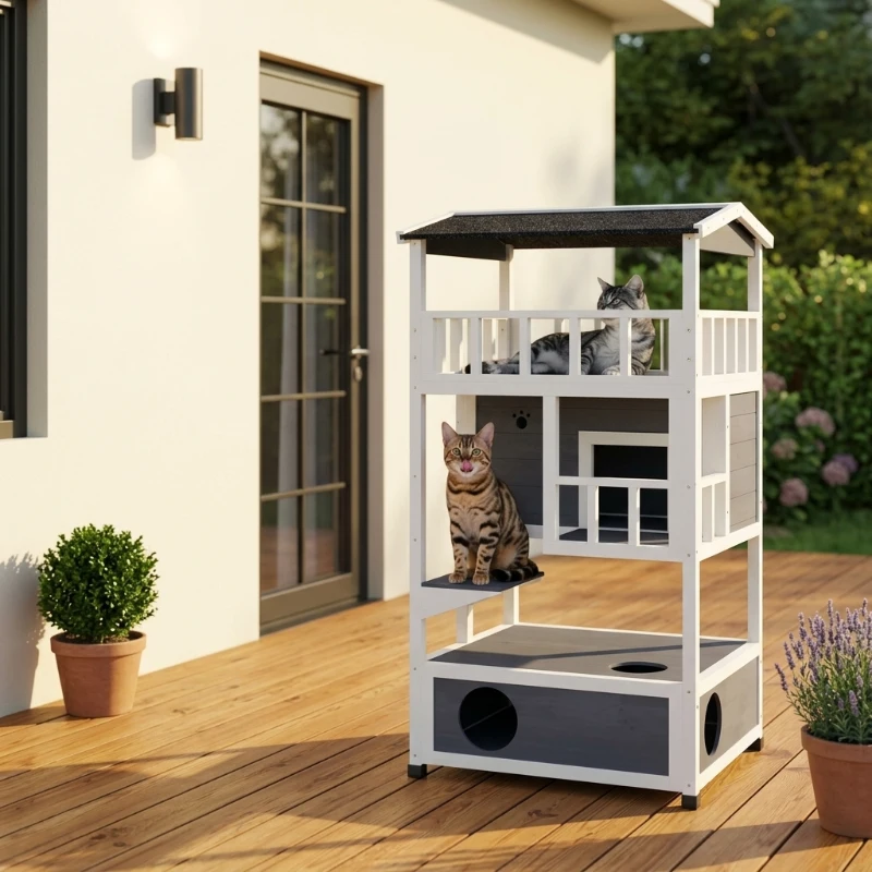 PawHut Wooden Outdoor Cat House, Feral Cat Shelter Kitten Condo with Asphalt Roof, Escape Doors, Condo, Jumping Platform, Gray