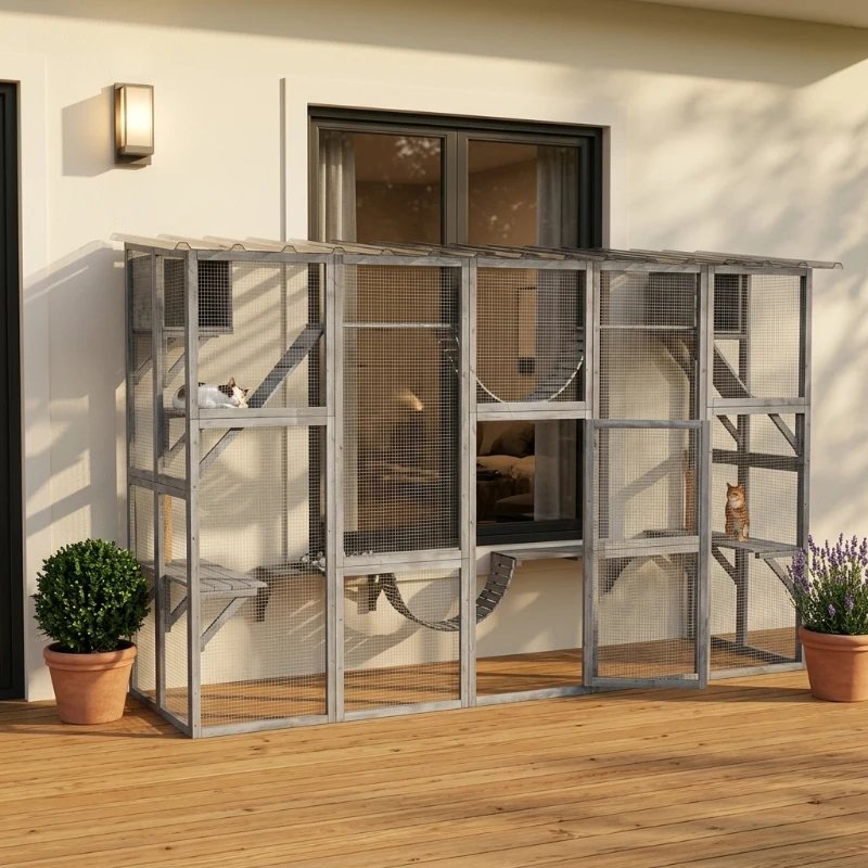 PawHut Catio Playground Cat Window Box Outside Enclosure for Multiple Cats w/ Shelves & Bridges, Gray