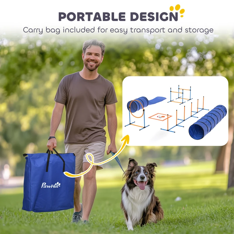 PawHut 13-Piece Dog Agility Training Equipment Set, Pet Obstacle Course with 2 Tunnels, Adjustable Jumps, Orange Blue
