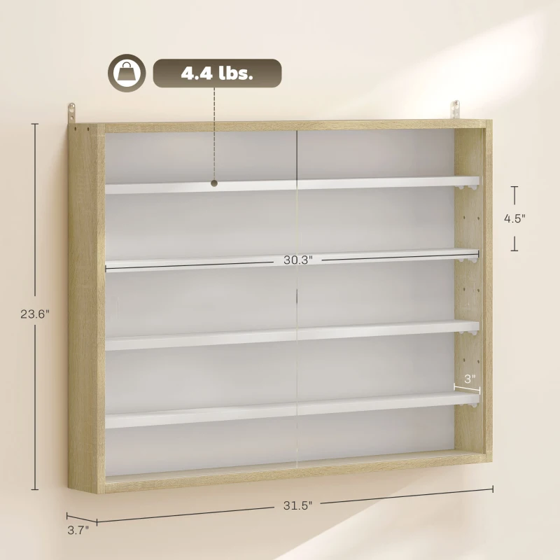 HOMCOM 5-Tier Display Cabinet, Wall-Mounted Display Case with 2 Glass Doors and Adjustable Shelves, Oak and White