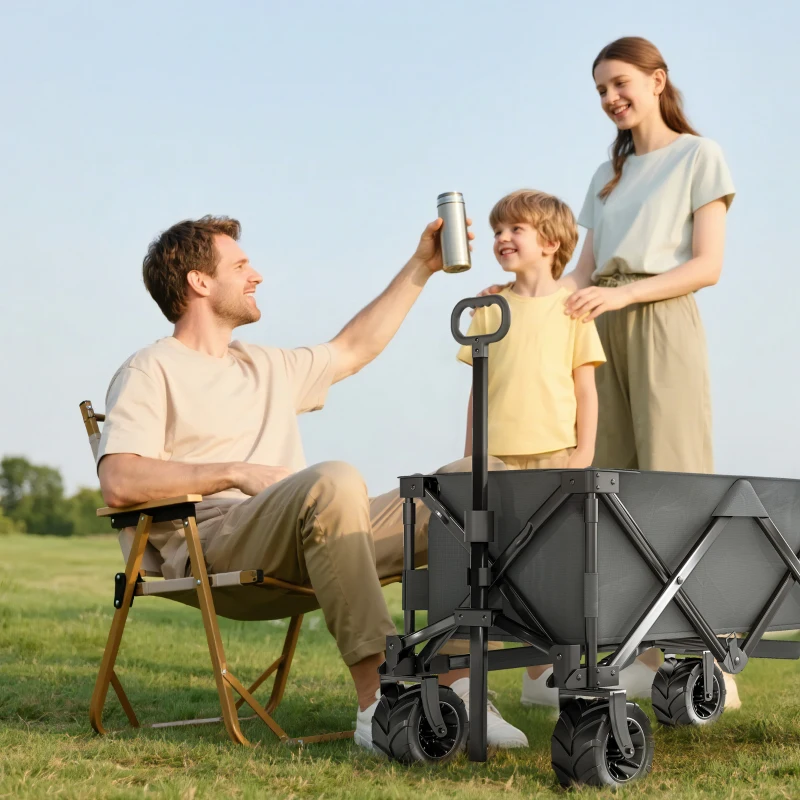 Outsunny Outdoor Pull Along Trailer Folding Camping Trailer for Beach Garden with Handle, Anti-Slip Wheel - Dark Grey