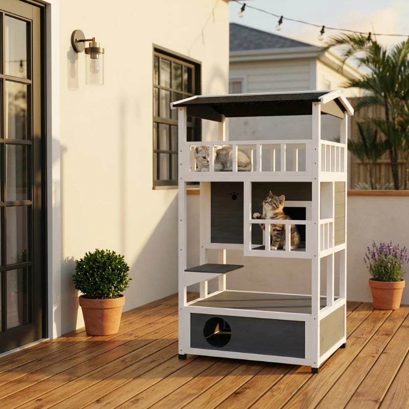 PawHut Wooden Outdoor Cat House, Feral Cat Shelter Kitten Condo with Asphalt Roof, Escape Doors, Condo, Jumping Platform, Gray