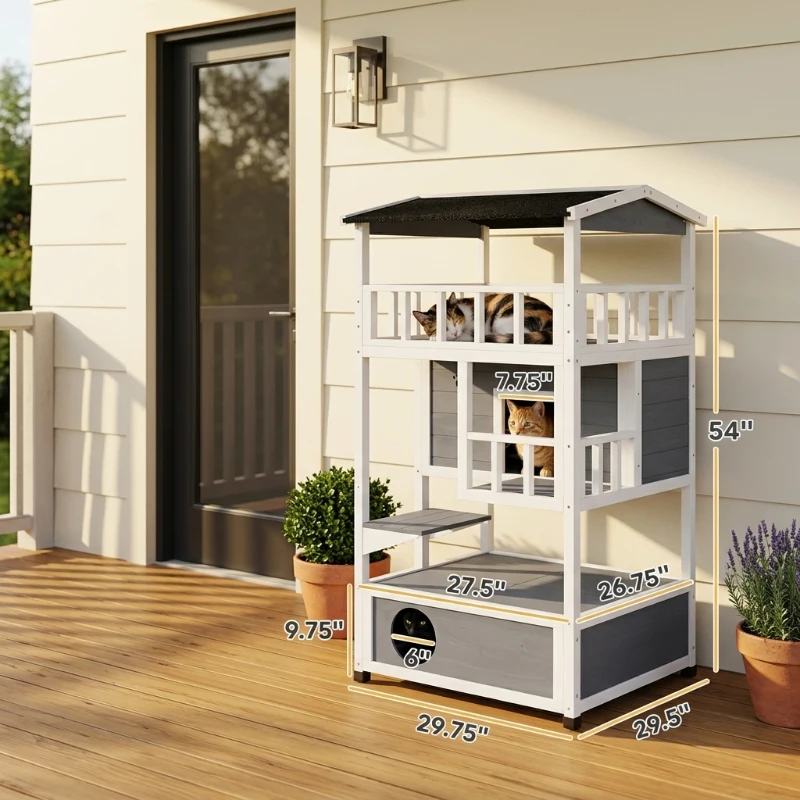 PawHut Wooden Outdoor Cat House, Feral Cat Shelter Kitten Condo with Asphalt Roof, Escape Doors, Condo, Jumping Platform, Gray
