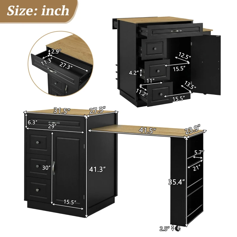 Stylish Mobile Bar Table with Extendable Countertop, Spacious Kitchen Counter with Storage Shelf, 73″ L x 27.5″ W x 41.5″ H, Black+Natural