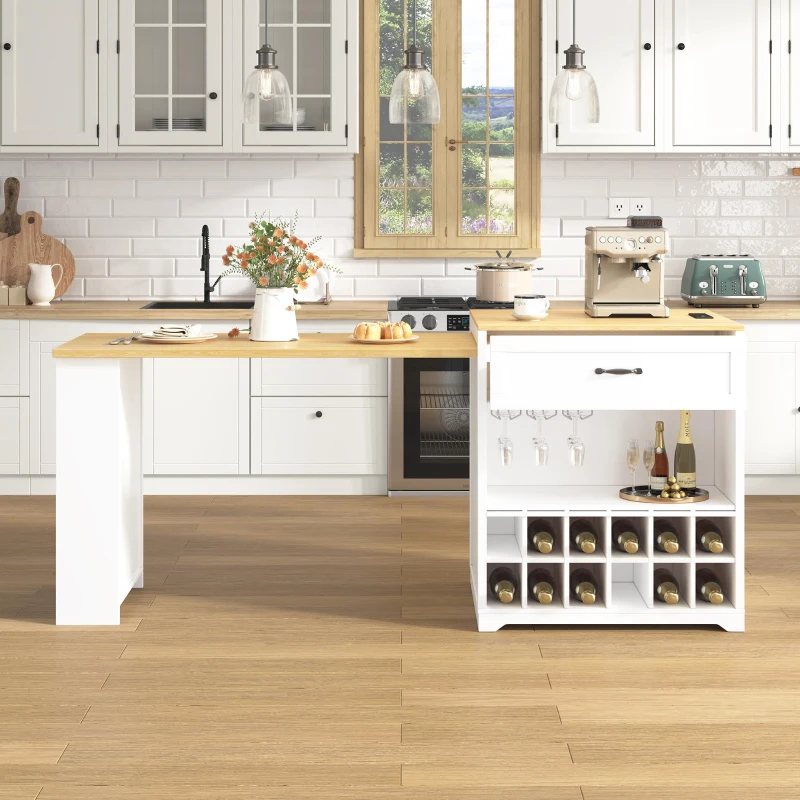 Practical Bar Table with Extendable Rolling Foldable Top, Solid Kitchen Island with Double-Sided Drawers, 82.5" L x 27.5" W x 38.5" H, White+Natural