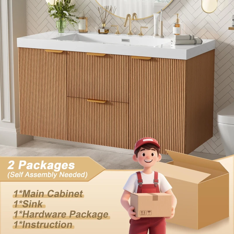 Single Sink Bathroom Vanity with SMC Integrated Sink, Wall-Mounted Floating Cabinet for Contemporary Homes, 42'' L x 19.5'' W x 23.5'' H, Wood